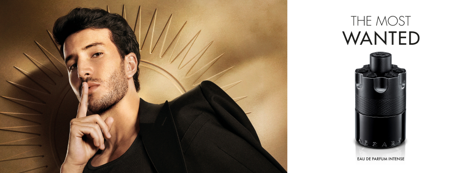 Azzaro The Most Wanted Eau de Parfum Intense – Werbekampagne mit einem charismatischen Mann in Schwarz vor goldener Sonne und dem eleganten schwarzen Parfümflakon.