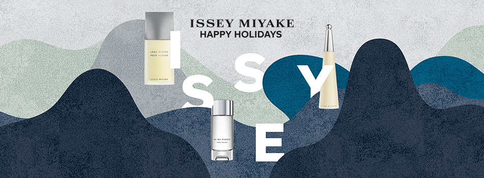 Werbebanner mit der Aufschrift „Issey Miyake Happy Holidays“. Drei Düfte sind darauf abgebildet: L’Eau d’Issey pour Homme, Le Sel d’Issey und L’Eau d’Issey für Damen, vor einer stilisierten Landschaft aus blauen und grauen Hügeln.