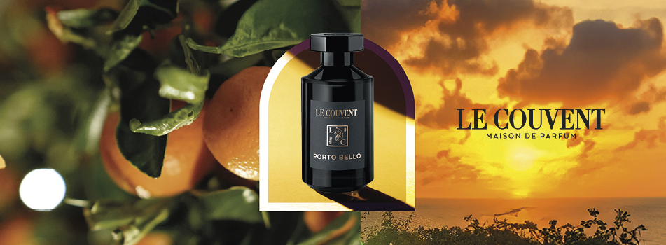 Werbebild für das Parfüm ‚Porto Bello‘ von Le Couvent. In der Mitte ein schwarzer Flakon mit goldener Aufschrift vor einem Hintergrund aus sonnengereiften Zitrusfrüchten und einem goldenen Sonnenuntergang über dem Meer. Rechts steht der Markenname: ‚Le Couvent – Maison de Parfum‘.