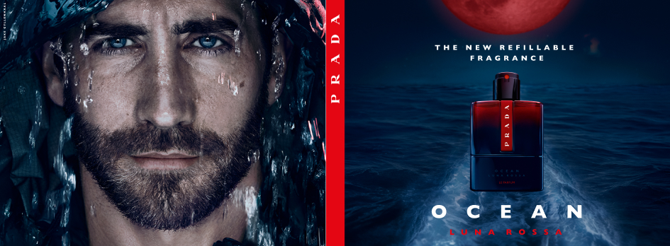 Werbung für das Parfum 'Prada Ocean Luna Rossa': Links ein Mann mit nassem Gesicht und Kapuze, Wassertropfen laufen über sein Gesicht. In der Mitte ein roter Streifen mit dem Schriftzug 'Prada'. Rechts eine rot-blaue Parfumflasche auf einer dunklen Meeresoberfläche unter einem roten Mond. Text: 'The New Refillable Fragrance – Ocean Luna Rossa'.